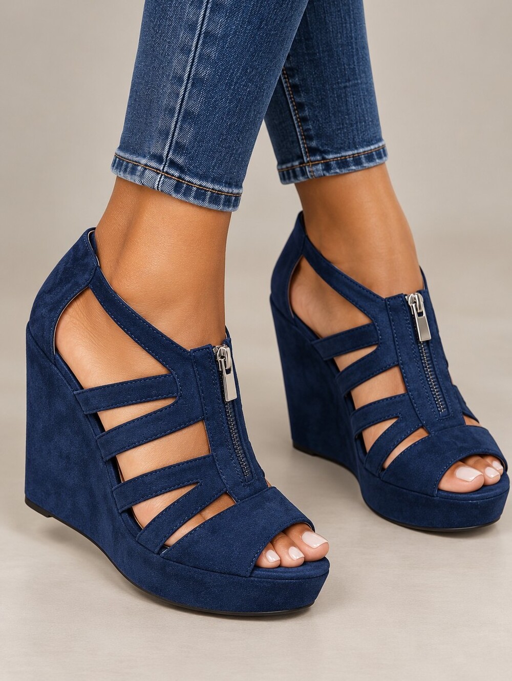 Mila Lady Lisa-5 Navy Faux Suede Wedge Heels - NIB